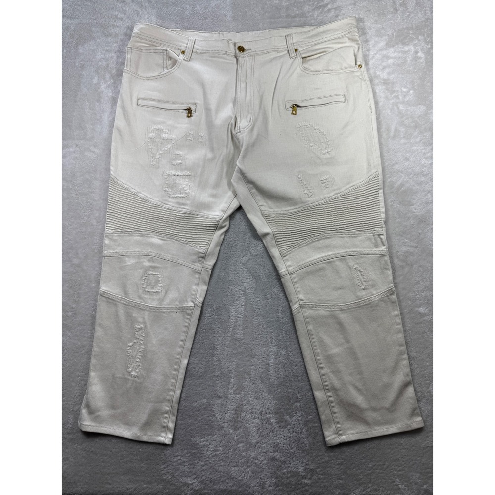 Makobi Mens Biker Distressed Moto Off White Denim Jeans 48x32 Meas: 47x31